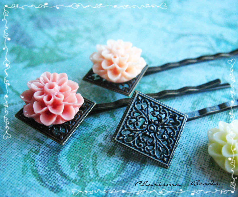 12 Filigree Bobby Pins Hair ornaments Antique Bronze, Diamond, 66x26.5x4.5mm