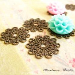 6 Brass Vintage Filigree Caps - Connectors Findings Flower, 17mm
