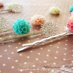 6 Filigree Bobby Pins Hair ornaments Silver color, Round, 17x57mm, Hole: 1mm