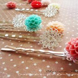 12 Filigree Bobby Pins Hair ornaments Silver color, Round, 17x57mm, Hole: 1mm
