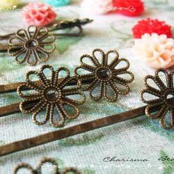 6 Filigree Bobby Pins Hair ornaments Antique Bronze, Flower 2x59x2mm