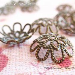 6 Brass Bead Caps, Flower, Antique Bronze 17x5mm, Hole: 1mm Lead Free