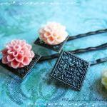 12 Filigree Bobby Pins Hair ornaments Antique Bronze, Diamond, 66x26.5x4.5mm